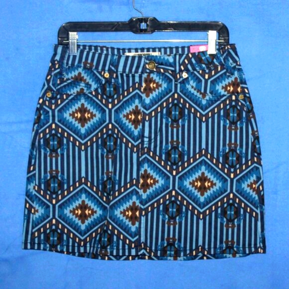 Rock & Roll Denim Aztec Print Mini Skirt Blue NWT